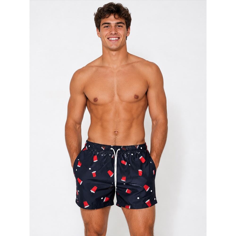 Trunks Surf & Swim Co Navy Red Cup Print Swim Trunks Men’s Small